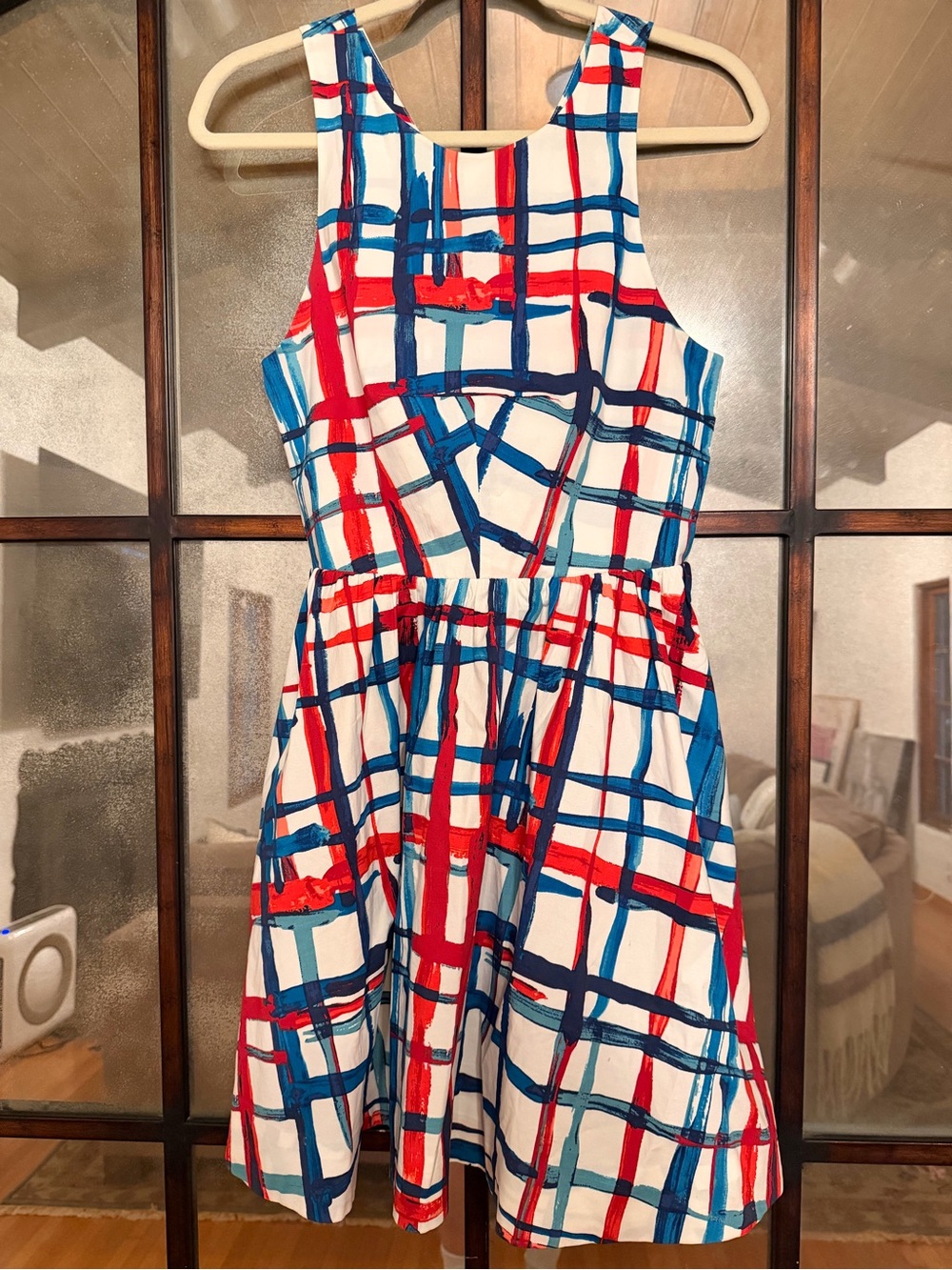 kate spade SATURDAY White Dress with Red & Blue Plaid Brushstroke Print